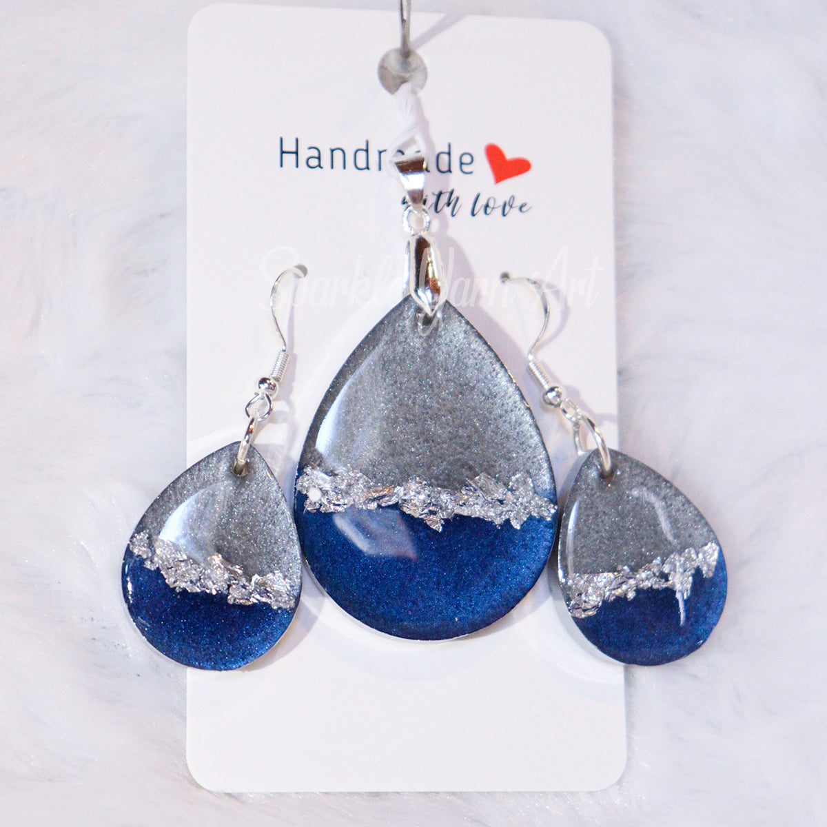 Resin Blue Silver Earring Pendant Set a