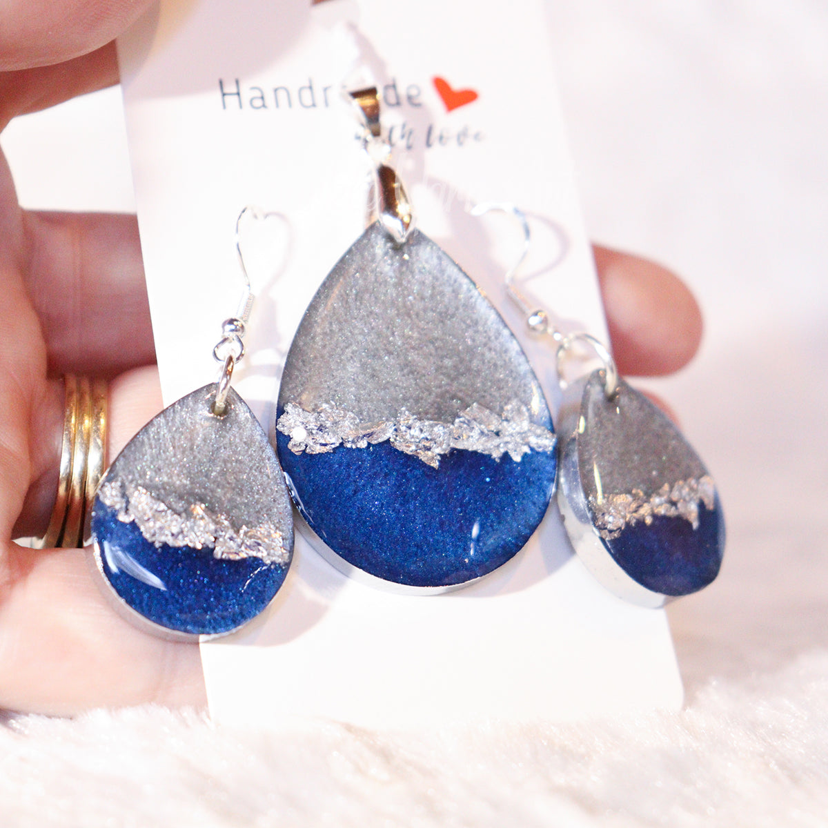 Resin Blue Silver Earring Pendant Set b