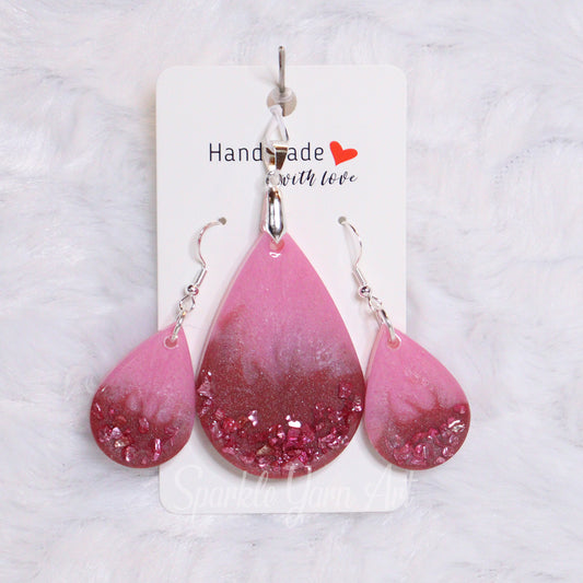 Pink and Burgandy Crushed Glass Earring & Pendant Set (Medium)